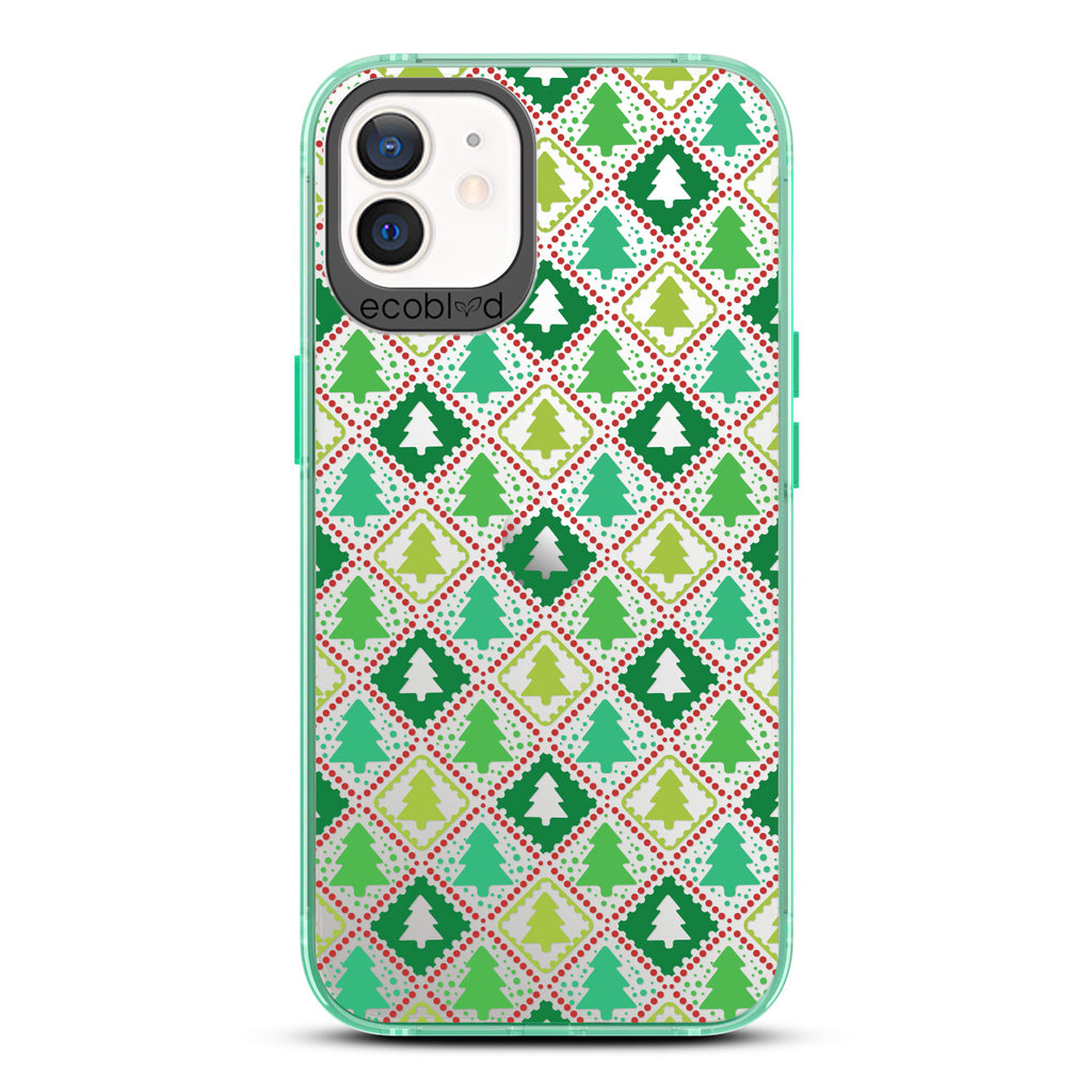 Winter Collection - Green Compostable Laguna iPhone 12 / 12 Pro Case With Christmas Tree Wrapping Paper Print On Clear Back