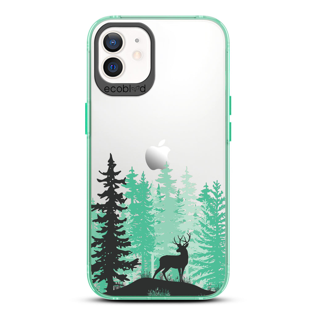 Winter Collection - Green Compostable iPhone 12 & 12 Pro Case - Wild Stag Standing On Boulder In The Woods On Clear Back