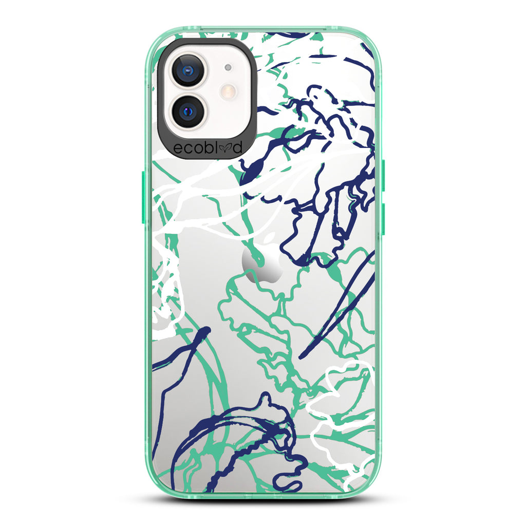 Contemporary Collection - Green Compostable iPhone 12/12 Pro Case - Minimalist Abstract Lines & Squiggles On Clear Back