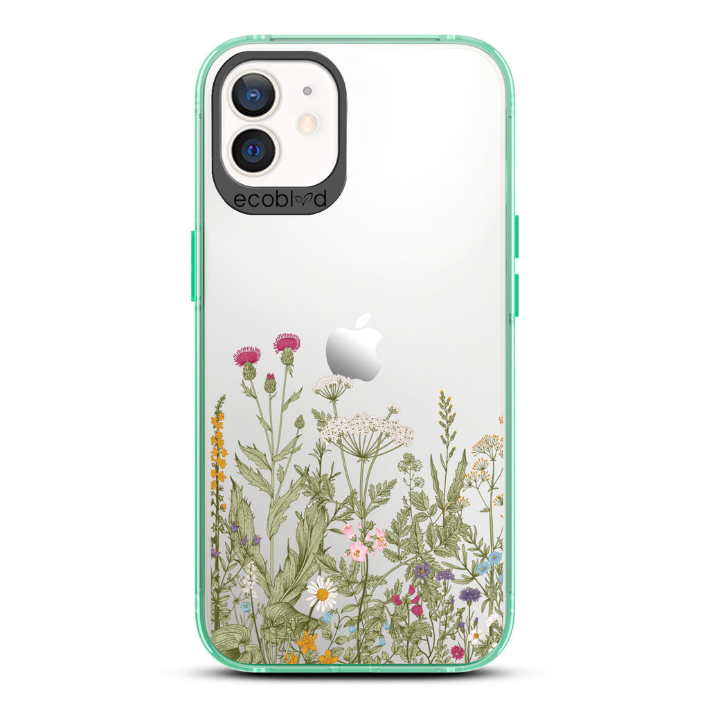 Spring Collection - Green Compostable iPhone 12/12 Pro Case - Wild Herbs & Flowers Botanical Herbarium On A Clear Back
