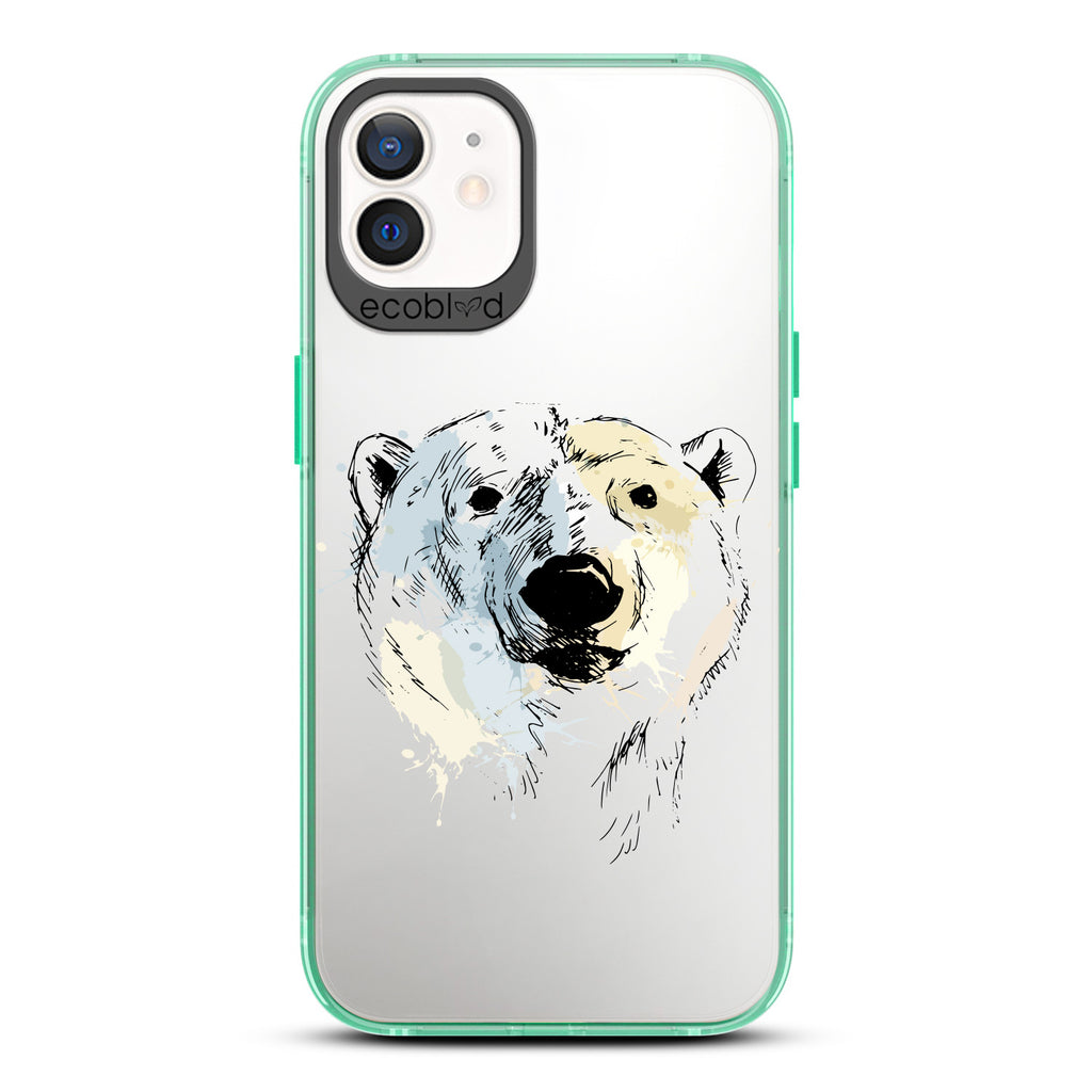 Winter Collection - Green Compostable iPhone 12 & 12 Pro Case - Illustrated Polar Bear Face On Clear Back