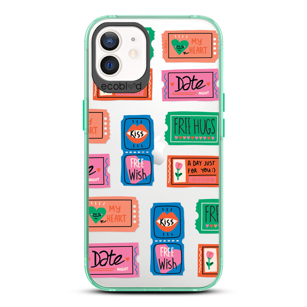 Love Collection - Green Compostable iPhone 12 / 12 Pro Case - Coupons For Date Night, A Free Kiss, & More On A Clear Back