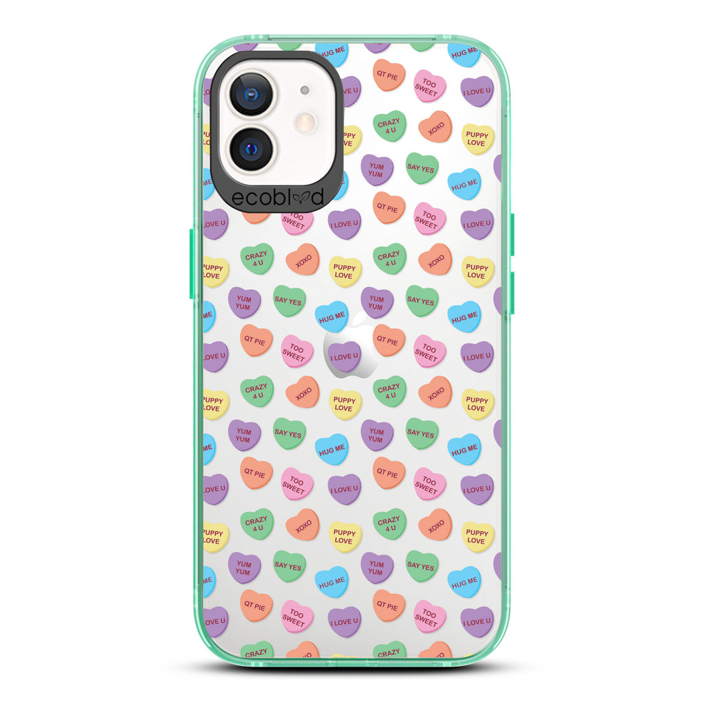 Love Collection - Green Compostable iPhone 12 / 12 Pro Case - Pastel Colored Candy Hearts With Romantic Quotes On Clear Back