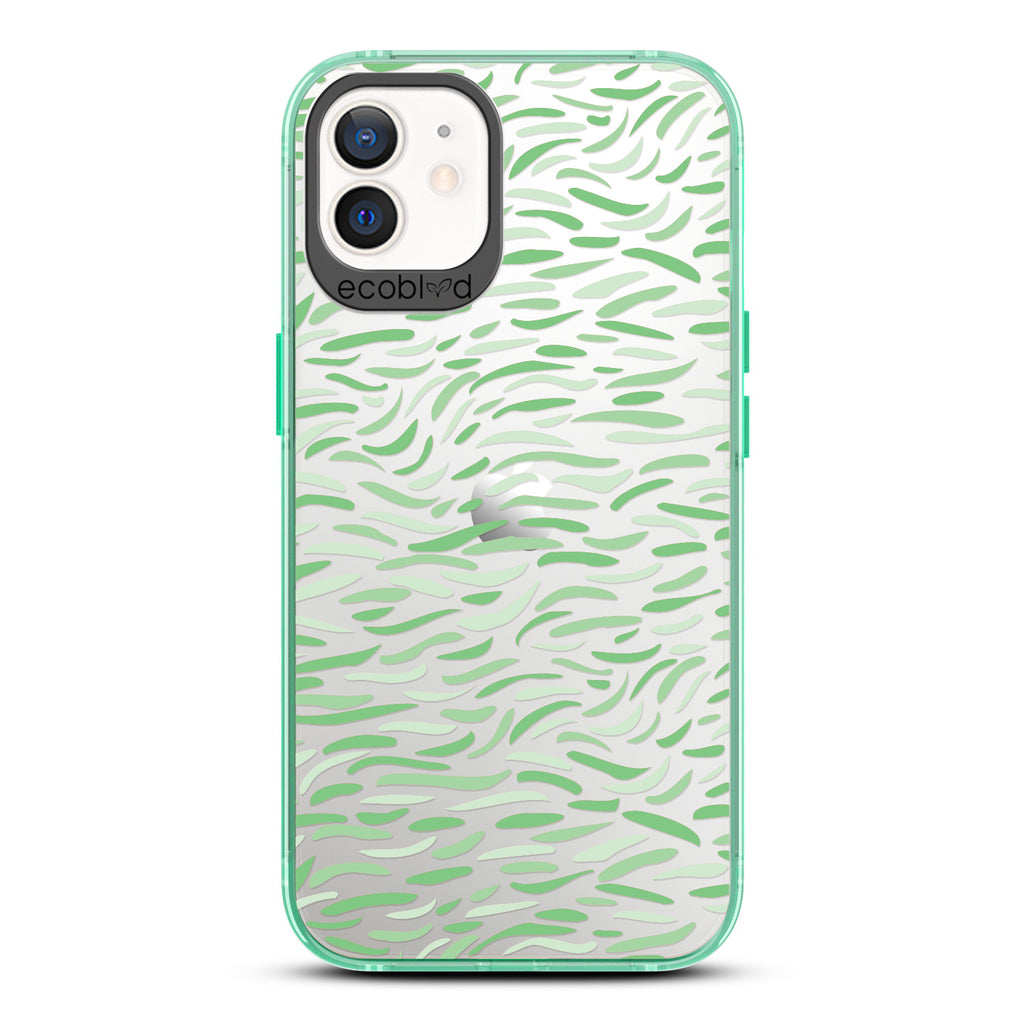 Timeless Collection - Green Laguna Compostable iPhone 12 / 12 Pro Case With Abstract Paint Brush Strokes On A Clear Back