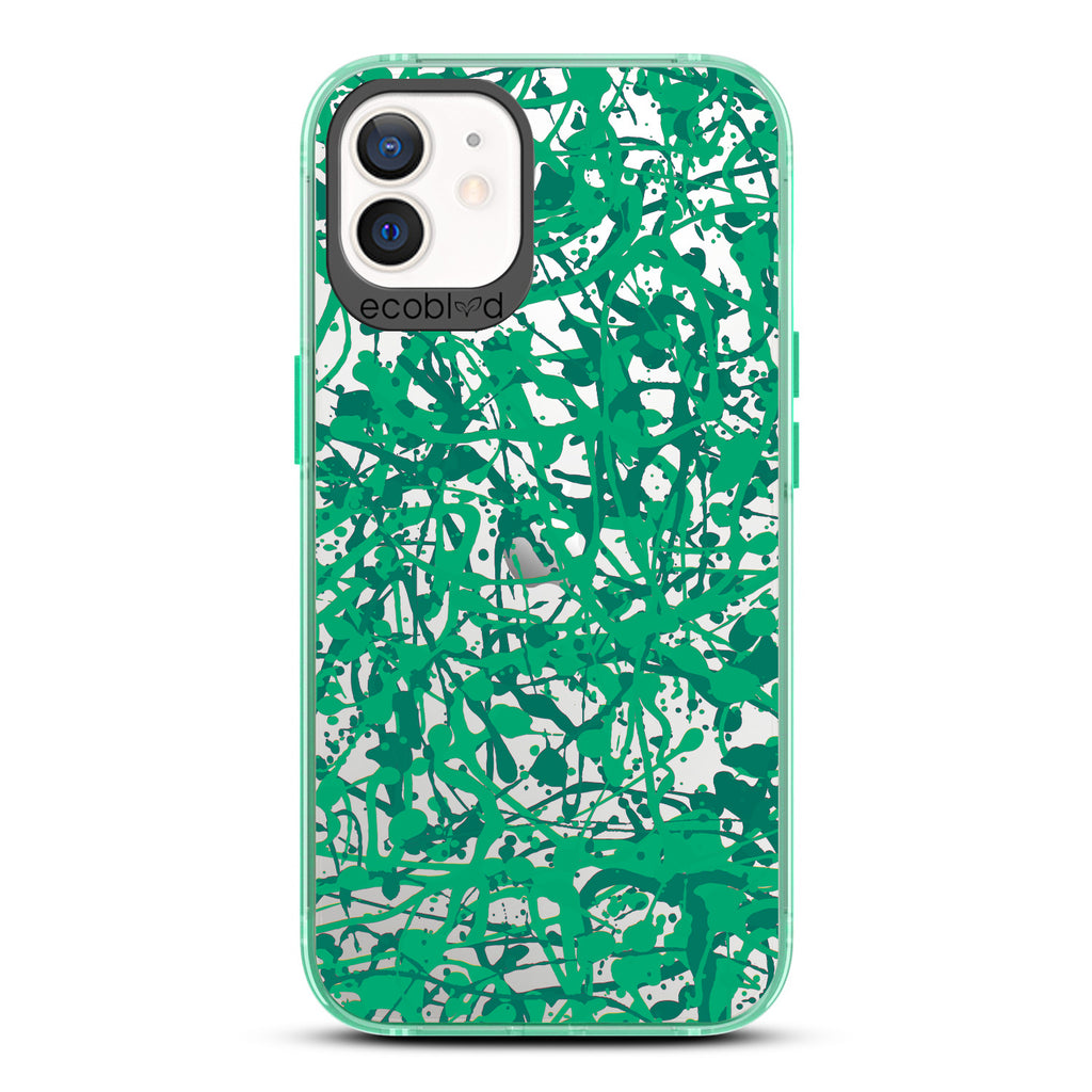 Contemporary Collection - Green Compostable iPhone 12/12 Pro Case - Abstract Pollock-Style Painting On A Clear Back