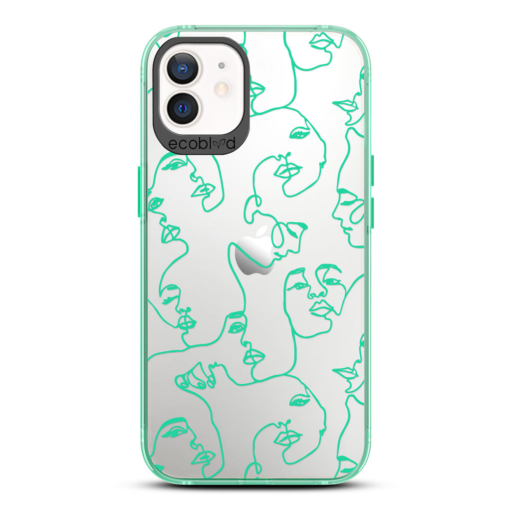 Contemporary Collection - Green Compostable iPhone 12/12 Pro Case - Line Art Of A Woman’s Face On A Clear Back