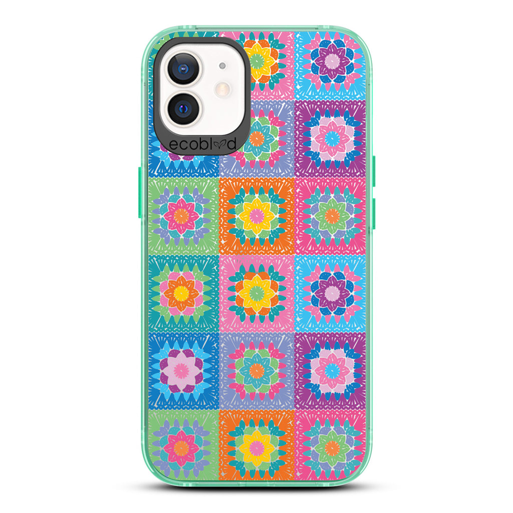 All Squared Away - Pastel Vintage Granny Squares Crochet - Eco-Friendly Clear iPhone 12/12  Pro Case With Green Rim 