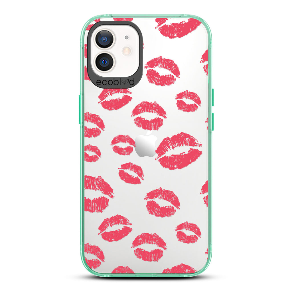 Love Collection - Green Compostable iPhone 12 / 12 Pro Case - Multiple Red Lipstick Kisses On A Clear Back