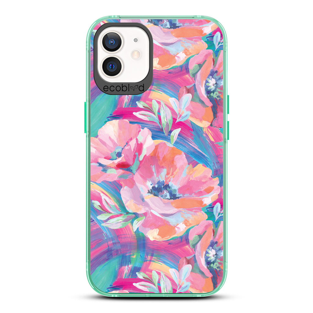 Spring Collection - Green Compostable iPhone 12/12 Pro Case - Pastel-Colored Abstract Painting Of Poppies On Clear Back