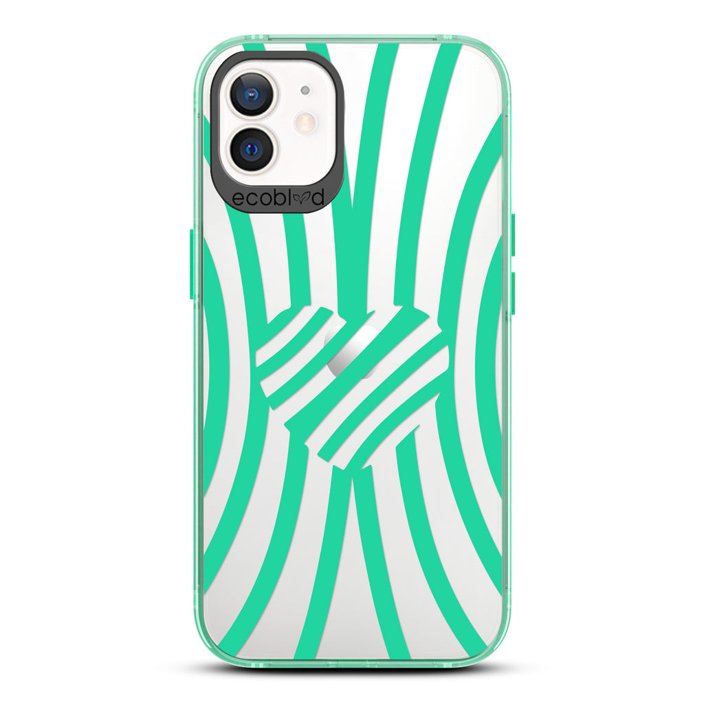 Love Collection - Green Compostable iPhone 12/12 Pro Case - Green Zebra Stripes & A Heart In The Center On A Clear Back