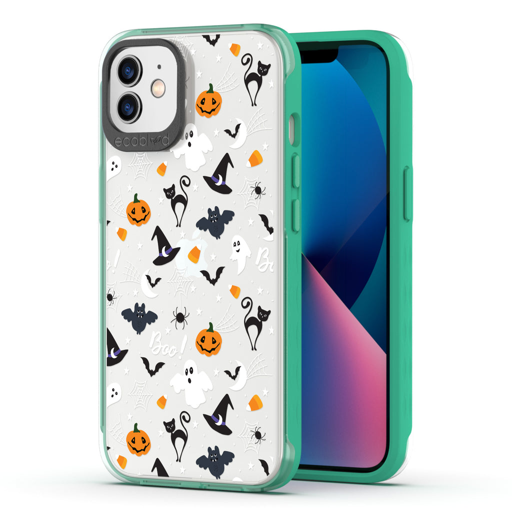 Back View Of Green Laguna Halloween iPhone 12 / 12 Pro Case With The Trick R' Treat Ya Self Design & Front View Of The Screen