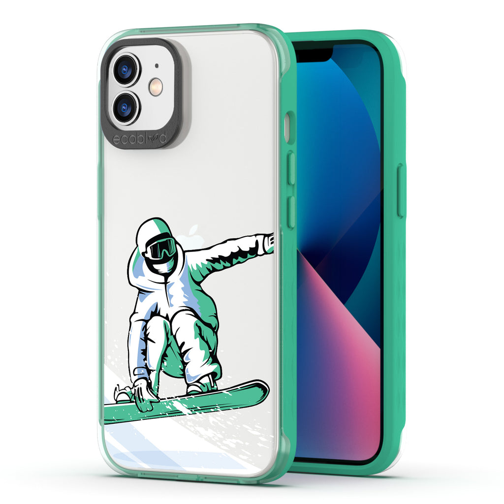 Winter Collection - Green Eco-Friendly iPhone 12 / 12 Pro Case - A Snowboarder Jumps While Holding The Board On A Clear Back