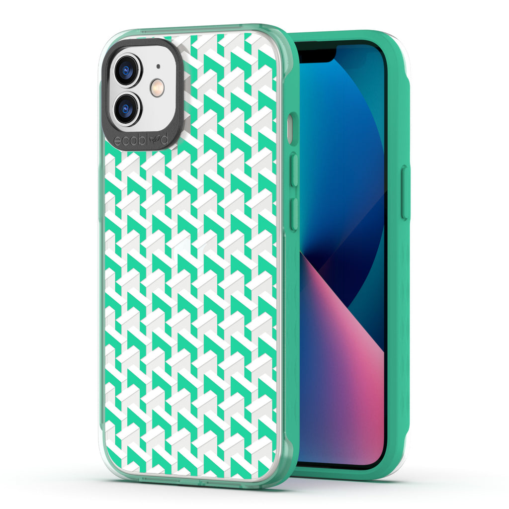 Timeless Collection - Green Laguna Eco-Friendly iPhone 12 / 12 Pro Case With High-Fashion Chevron Print On A Clear Back