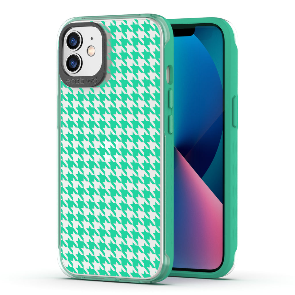 Back View Of Green Eco-Friendly iPhone 12 / 12 Pro Timeless Laguna Case With Houndstooth Design & Front View Of The Screen