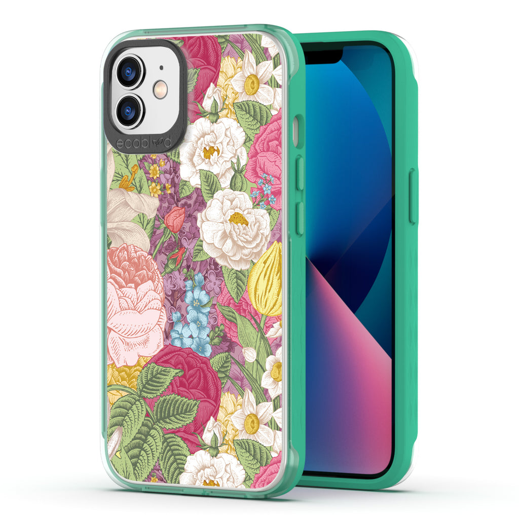Back View Of Green Eco-Friendly iPhone 12 / 12 Pro Timeless Laguna Case With In Bloom Design & Front View Of The Screen