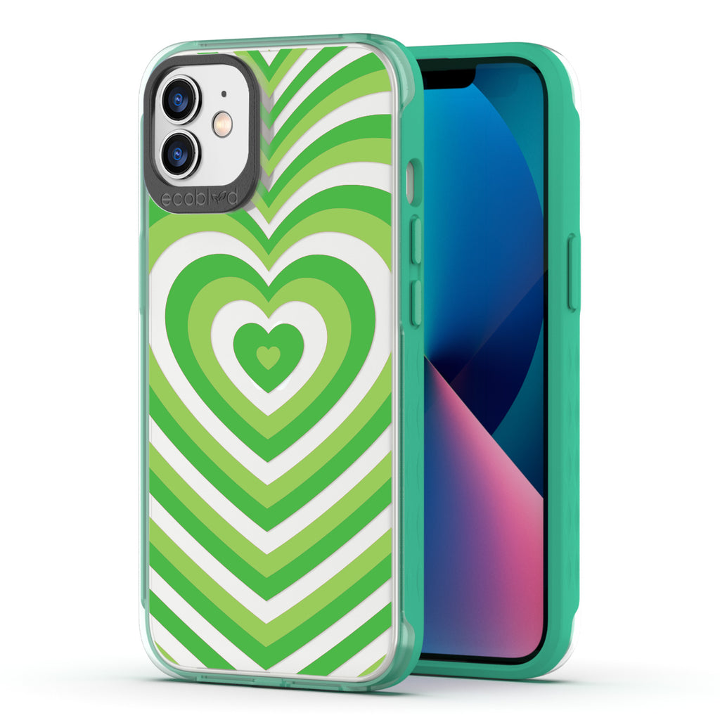 Back View Of Green Eco-Friendly iPhone 12 / 12 Pro Clear Case With The Tunnel Of Love Design & Front View Of Screen