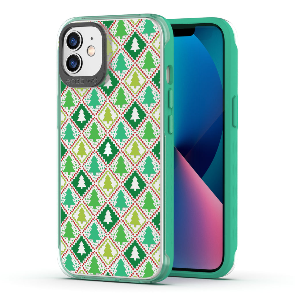Back View Of Eco-Friendly Green iPhone 12 / 12 Pro Winter Laguna Case With Feeling Jolly Design & Front View Of The Screen