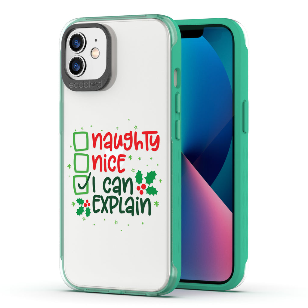 Back View Of Eco-Friendly Green iPhone 12 / 12 Pro Winter Laguna Case With I Can Explain Design & Front View Of The Screen