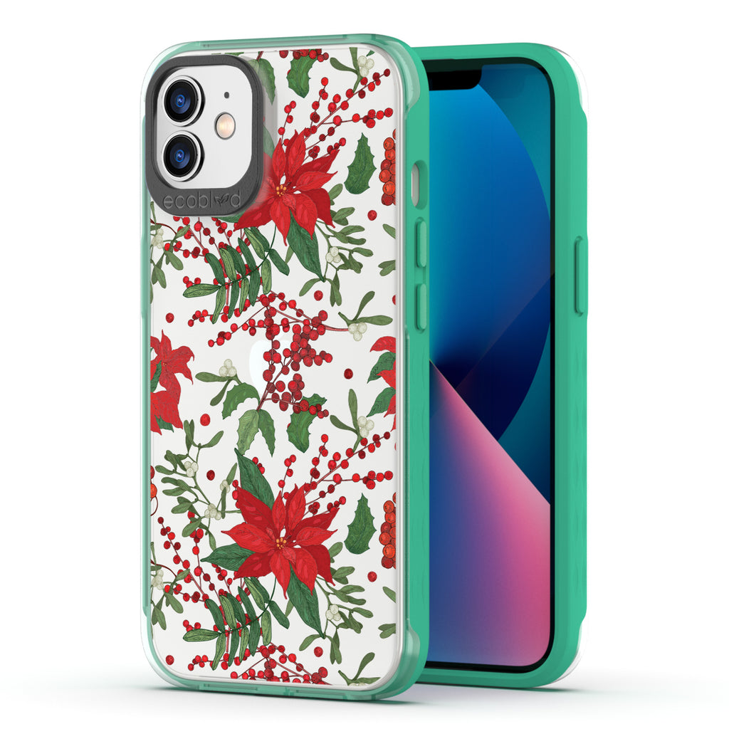 Back View Of Green Eco-Friendly iPhone 12 & 12 Pro Clear Case With The Poinsettia Design & Front View Of Screen