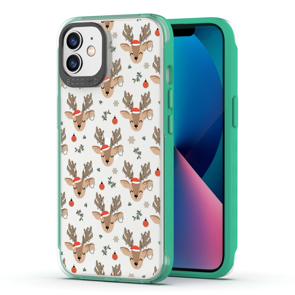 Back View Of Green Compostable iPhone 12 / 12 Pro Winter Laguna Case With The Oh Deer Design & Front View Of The Screen