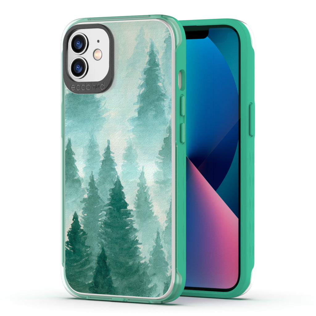 Back View Of Eco-Friendly Green iPhone 12 / 12 Pro Winter Laguna Case With A Winter Pine Design & Front View Of The Screen