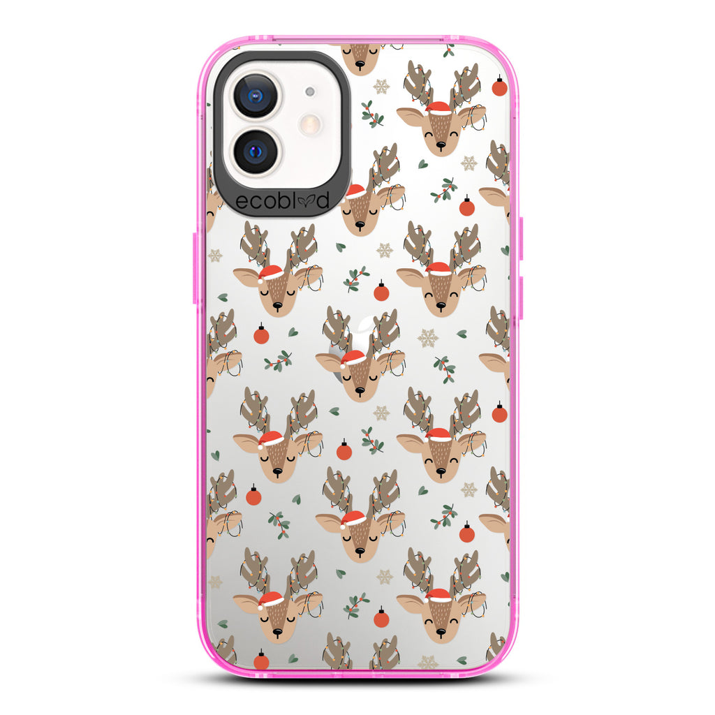 Winter Collection - Pink Laguna iPhone 12 / 12 Pro Case With Reindeer Wearing Santa Hats & Christmas Lights On A Clear Back