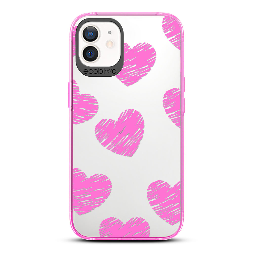 Love Collection - Pink Compostable iPhone 12/12 Pro Case - Pink Scribbled Hearts On A Clear Back