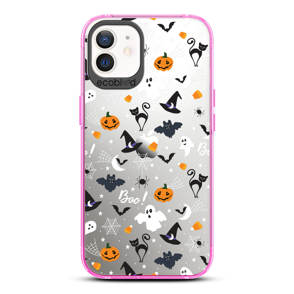 Halloween Collection - Pink Laguna iPhone 12 / 12 Pro Case With Spiders, Ghosts & Other Spooky Characters On A Clear Back 