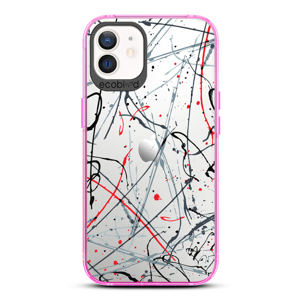 Contemporary Collection - Pink Compostable iPhone 12/12 Pro Case - Black & Red Paint Splatter On A Clear Back