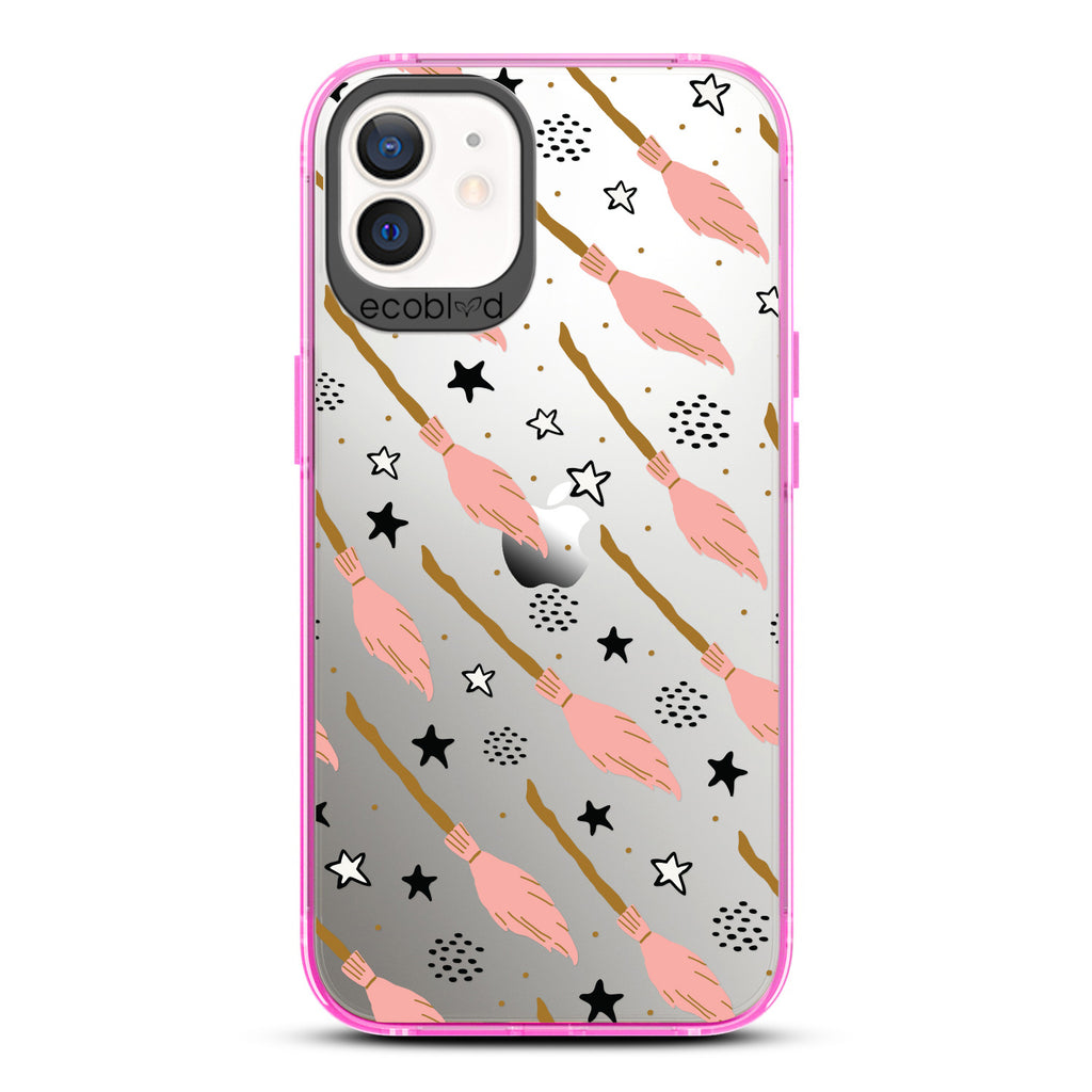 Halloween Collection - Pink Eco-Friendly Laguna iPhone 12 / 12 Pro Case With Pink Witch's Brooms And Stars On A Clear Back 