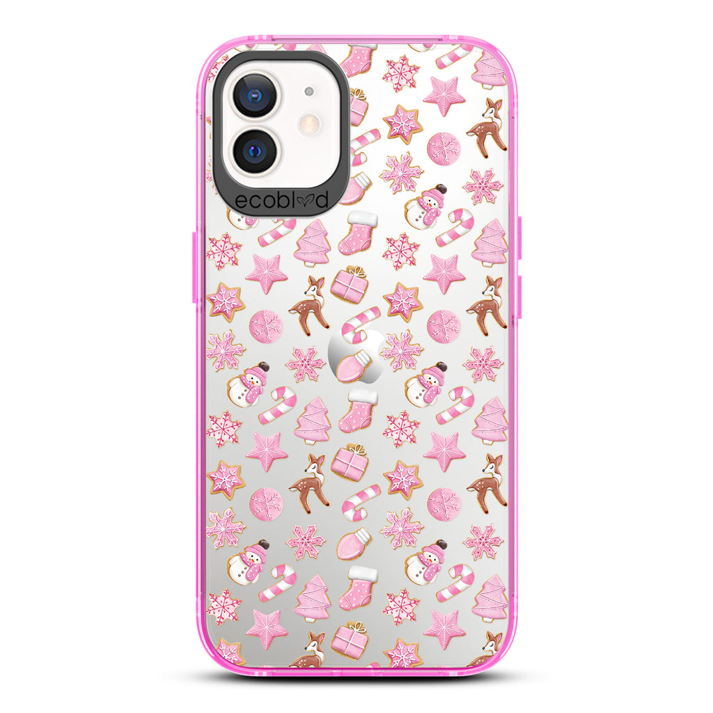 Winter Collection - Pink Laguna Eco-Friendly iPhone 12 / 12 Pro Case With Pink Holiday-Themed Cookies On A Clear Back