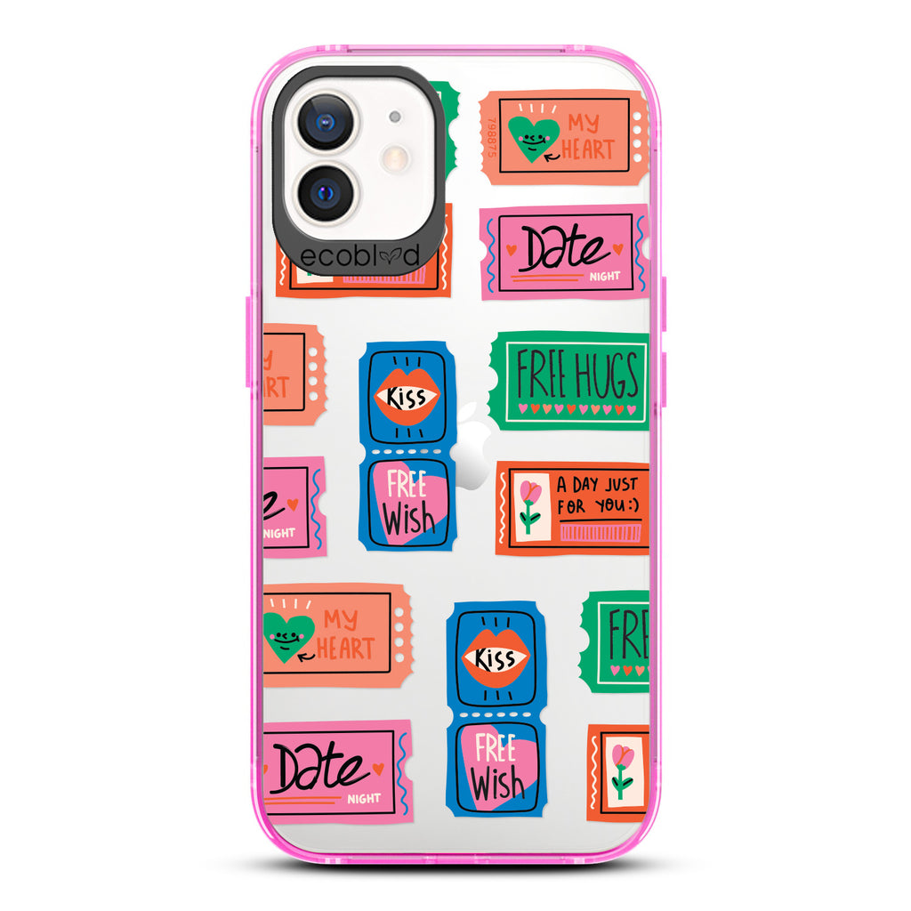 Love Collection - Pink Compostable iPhone 12 / 12 Pro Case - Coupons For Date Night, A Free Kiss, & More On A Clear Back