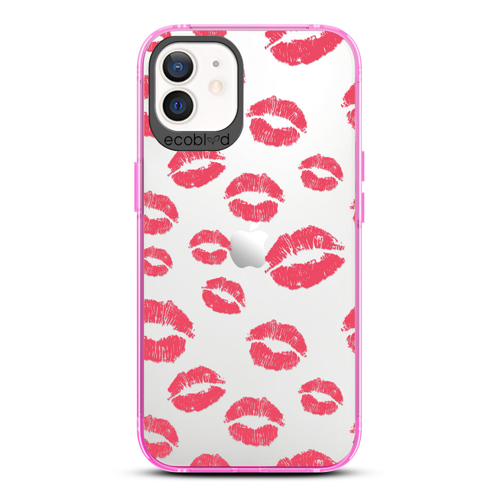 Love Collection - Pink Compostable iPhone 12 / 12 Pro Case - Multiple Red Lipstick Kisses On A Clear Back