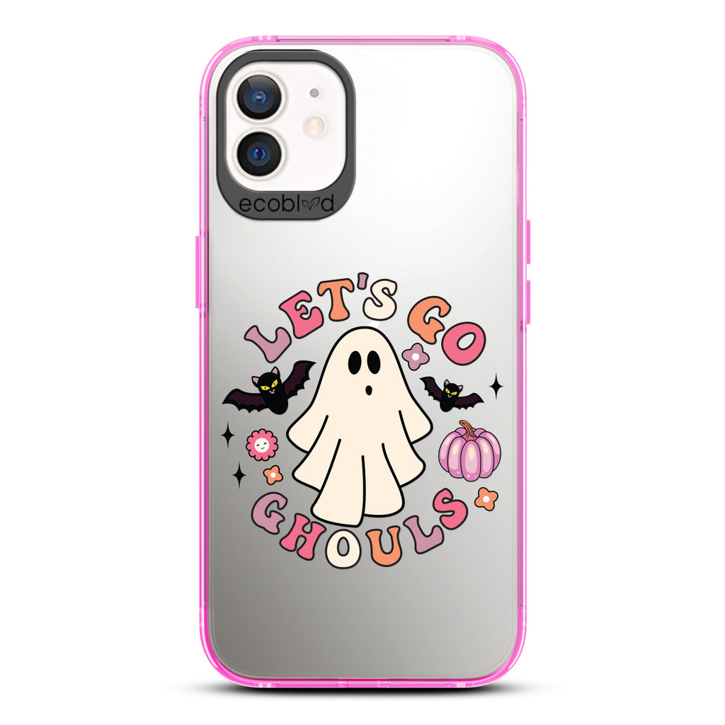 Halloween Collection - Pink Laguna iPhone 12 / 12 Pro Case With Let's Go Ghouls, A Ghost, Bats & A Pumpkin On A Clear Back 