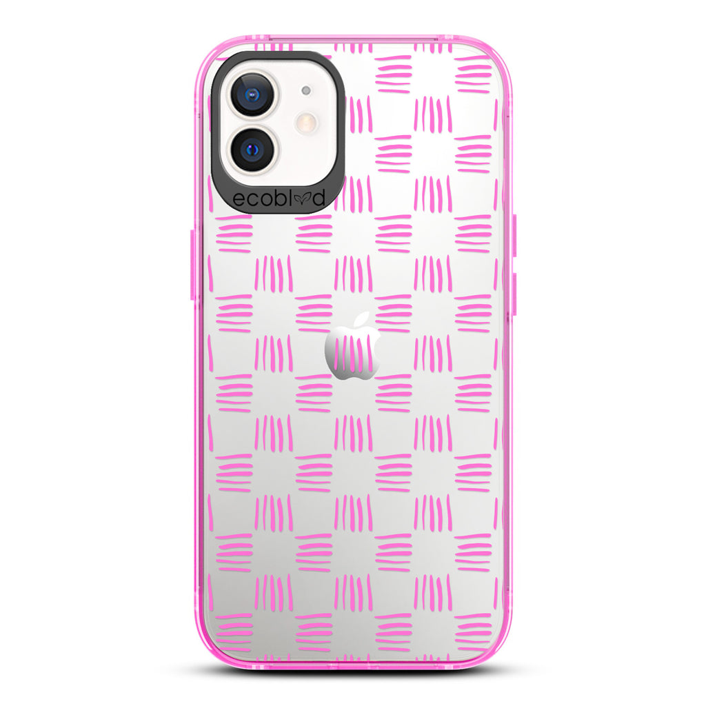 Contemporary Collection - Pink Compostable iPhone 12/12 Pro Case - Wicker Inspired Rattan Pattern On A Clear Back