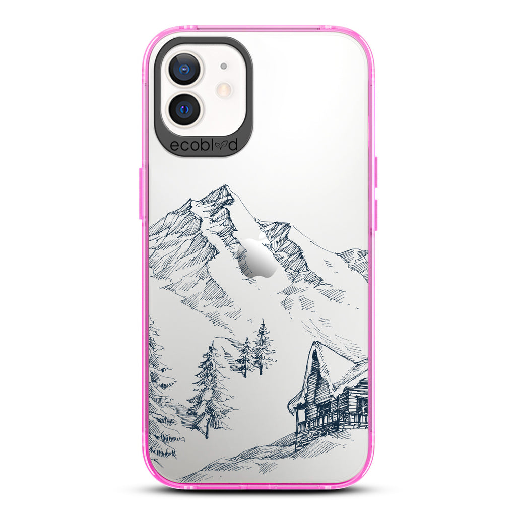 Winter Collection - Pink Compostable iPhone 12 & 12 Pro Case - Snowy Mountainside Wood Cabin On A Clear Back