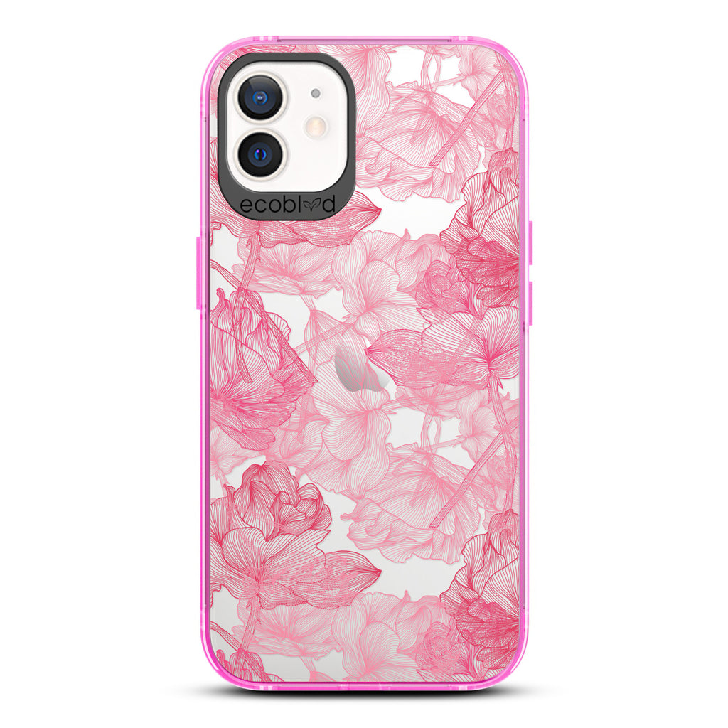 Blushed Pink - Pink Compostable iPhone 12 / 12 Pro Case - Pink Line Art Style Roses On A Clear Back