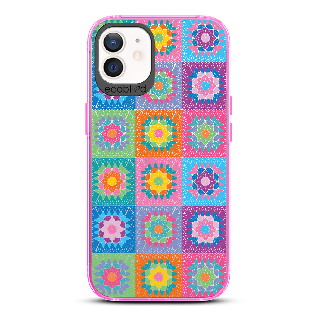 Spring Collection - Pink Compostable iPhone 12/12 Pro Case - Pastel Vintage Granny Squares Crochet Pattern On A Clear Back