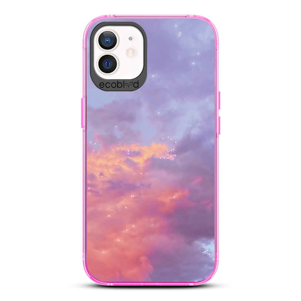 Winter Collection - Pink Compostable iPhone 12 / 12 Pro Case - Cloudy Pastel Sunset With Stars On A Clear Back