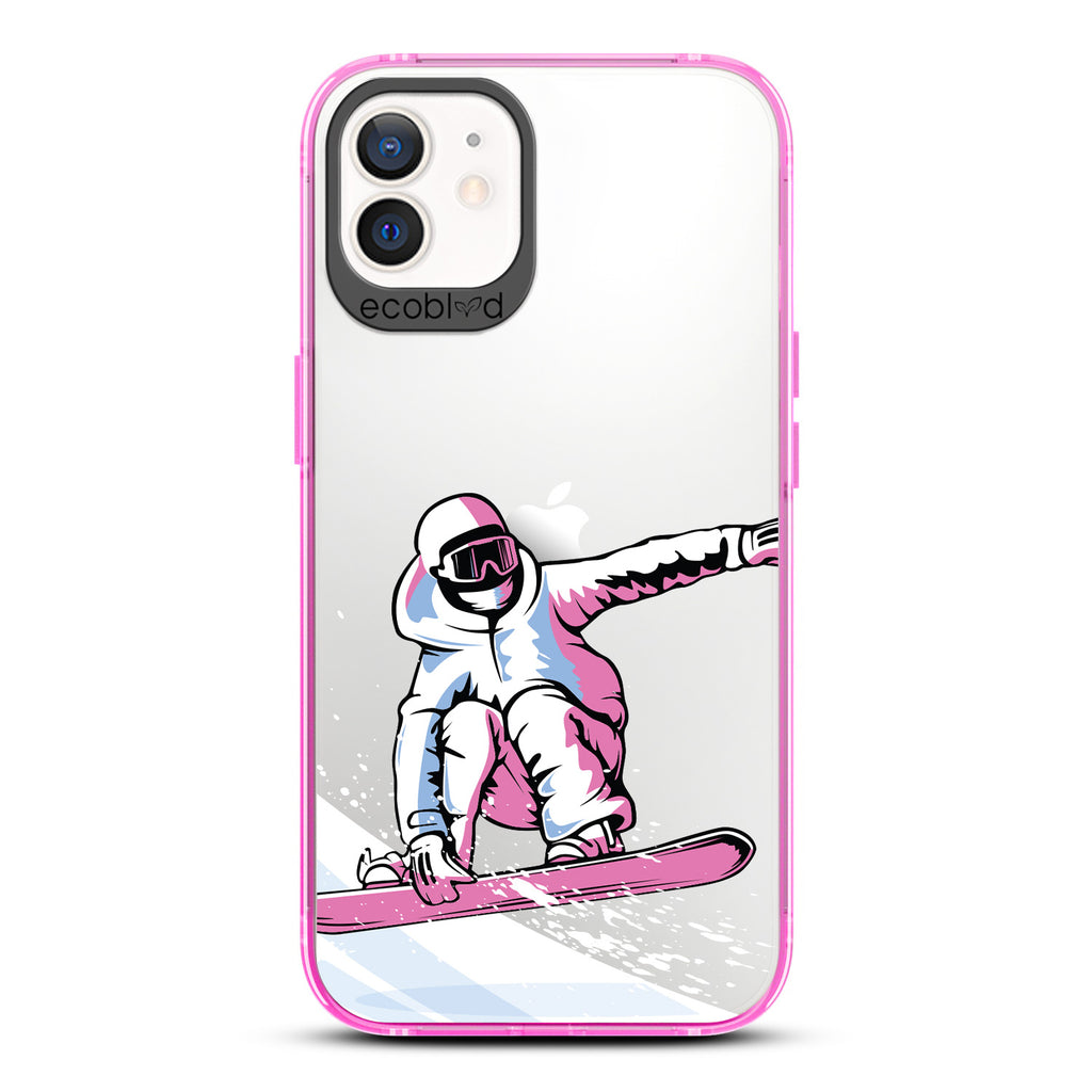 Winter Collection - Pink Eco-Friendly iPhone 12 / 12 Pro Case - A Snowboarder Jumps While Holding The Board On A Clear Back