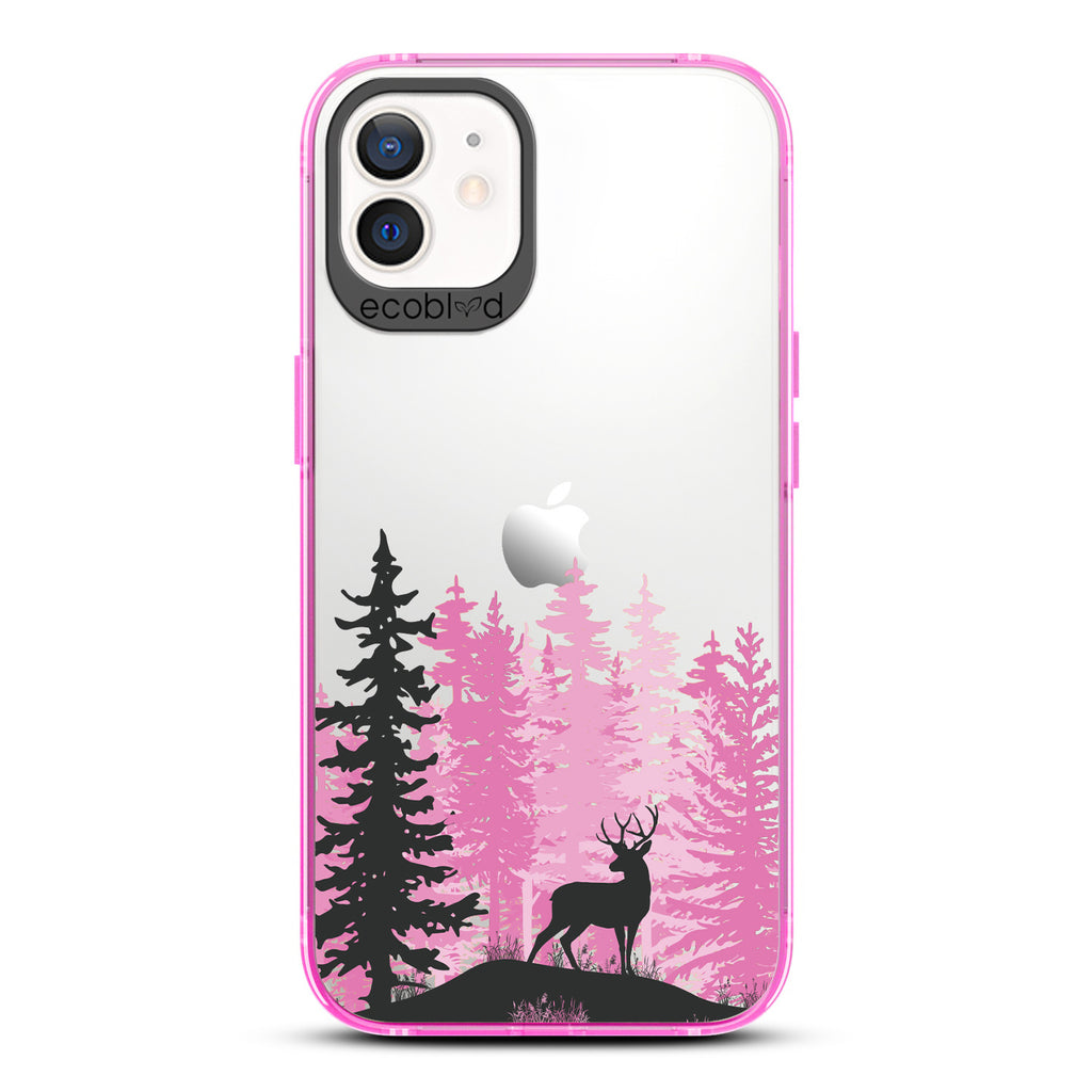 Winter Collection - Pink Compostable iPhone 12 & 12 Pro Case - Wild Stag Standing On Boulder In The Woods On Clear Back