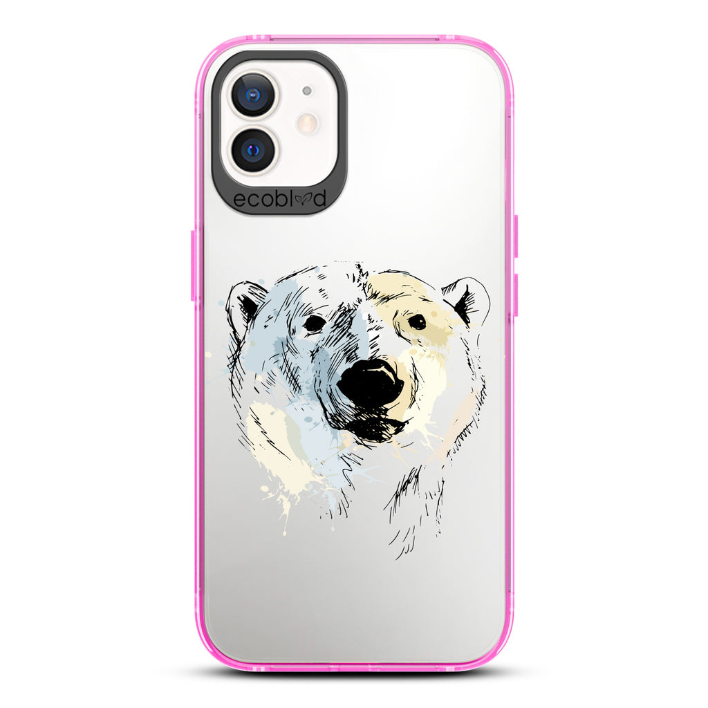 Winter Collection - Pink Compostable iPhone 12 & 12 Pro Case - Illustrated Polar Bear Face On Clear Back