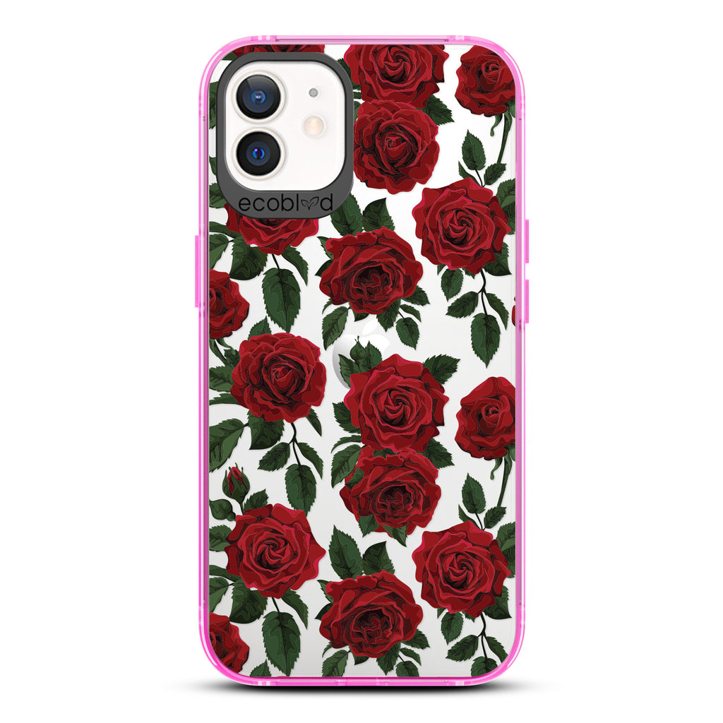 Love Collection - Pink Compostable iPhone 12 / 12 Pro Case - Red Roses & Leaves On A Clear Back