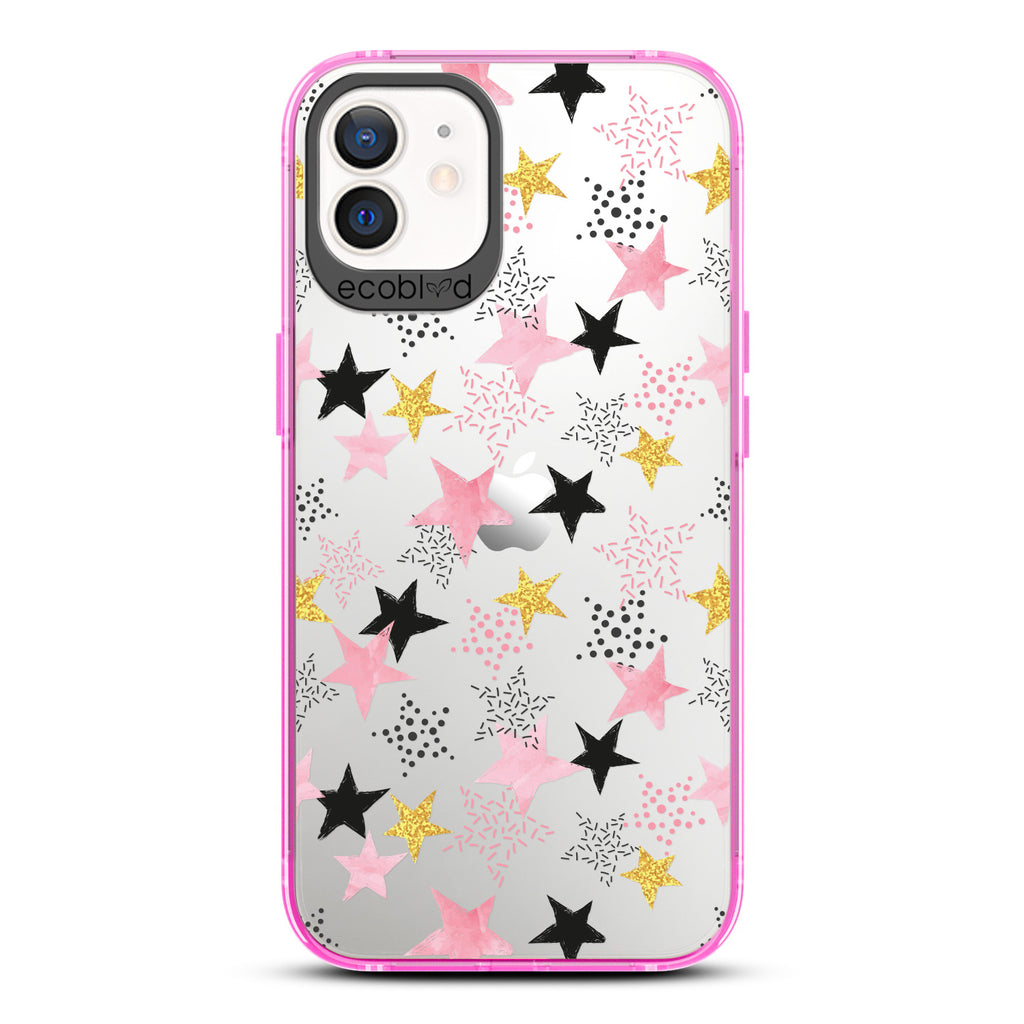 Winter Collection - Pink Laguna iPhone 12 / 12 Pro Case With Pink, Black & Gold Stars In Solid & Polka Dot Patterns