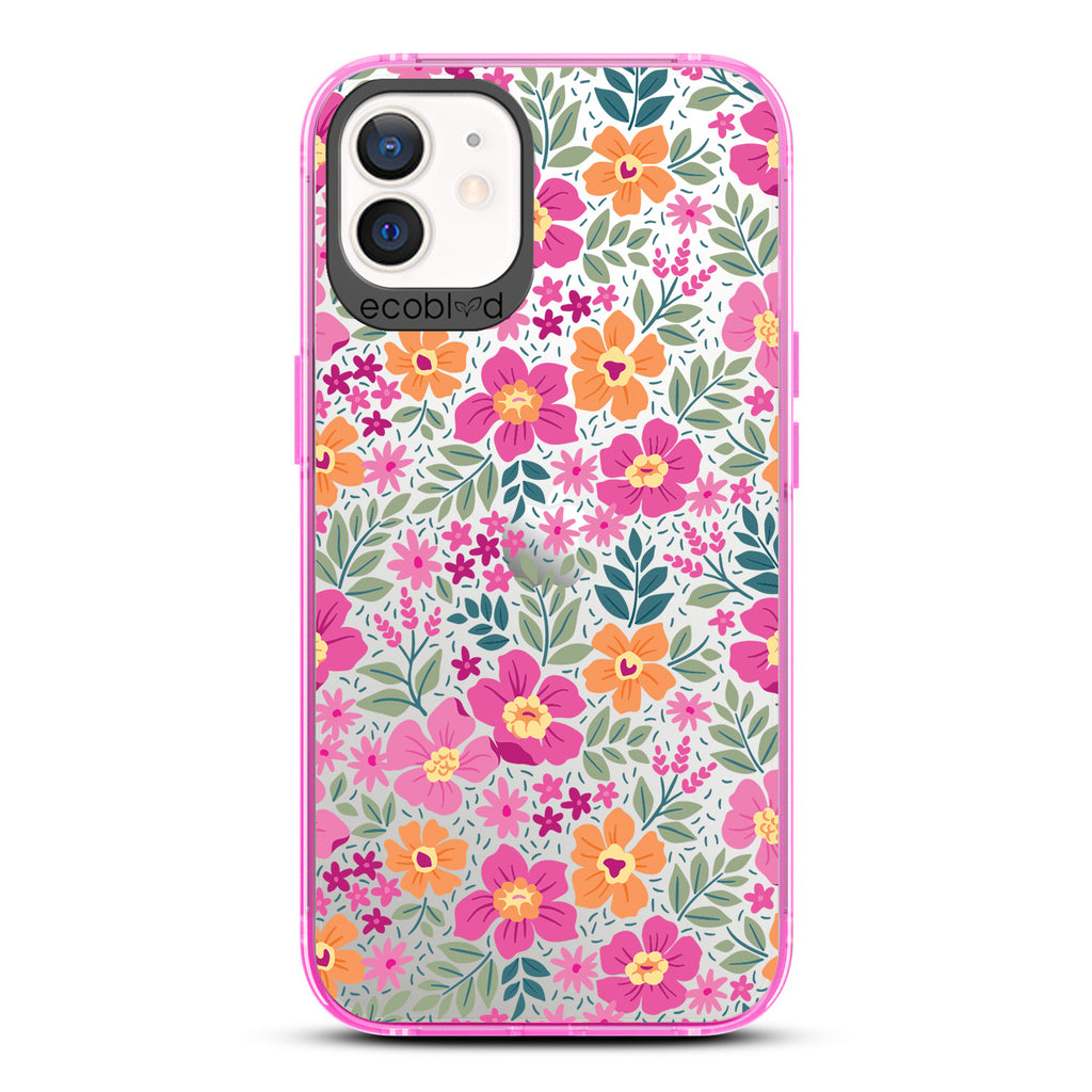 Spring Collection - Pink Compostable iPhone 12/12 Pro Case - Bright, Colorful  Vintage Cartoon Flowers with Leaves On A Clear Back