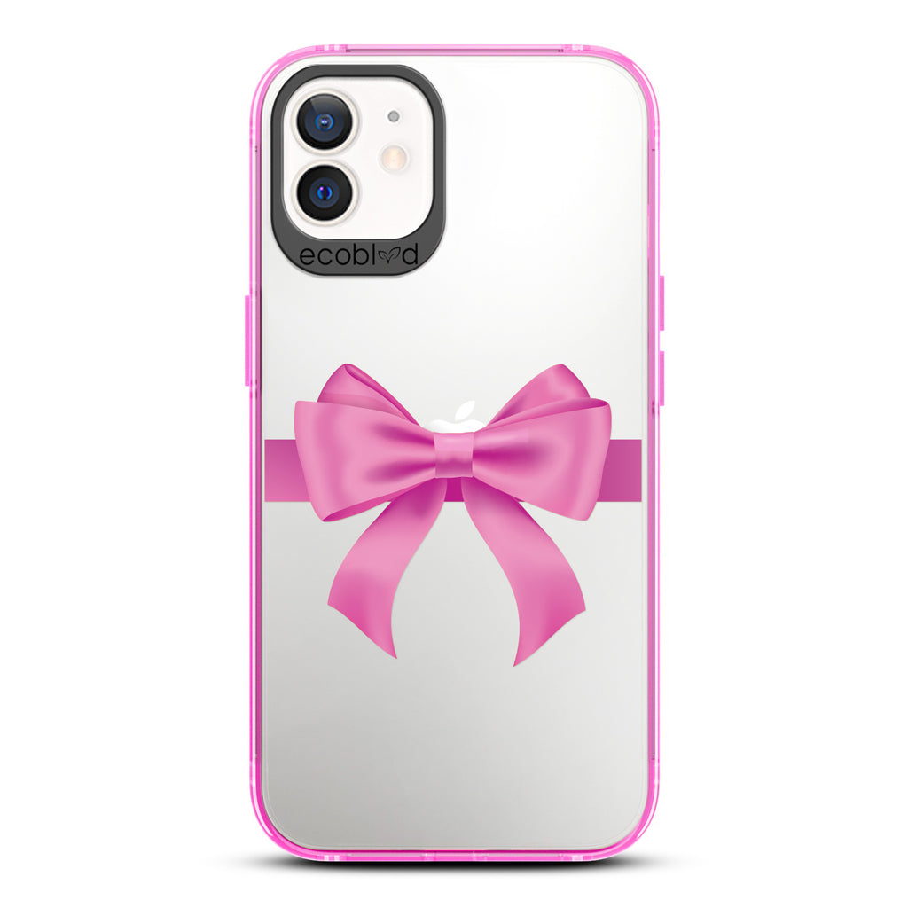 Winter Collection - Pink Eco-Friendly Laguna iPhone 12 / 12 Pro Case With A Pink Gift Bow Printed On A Clear Back