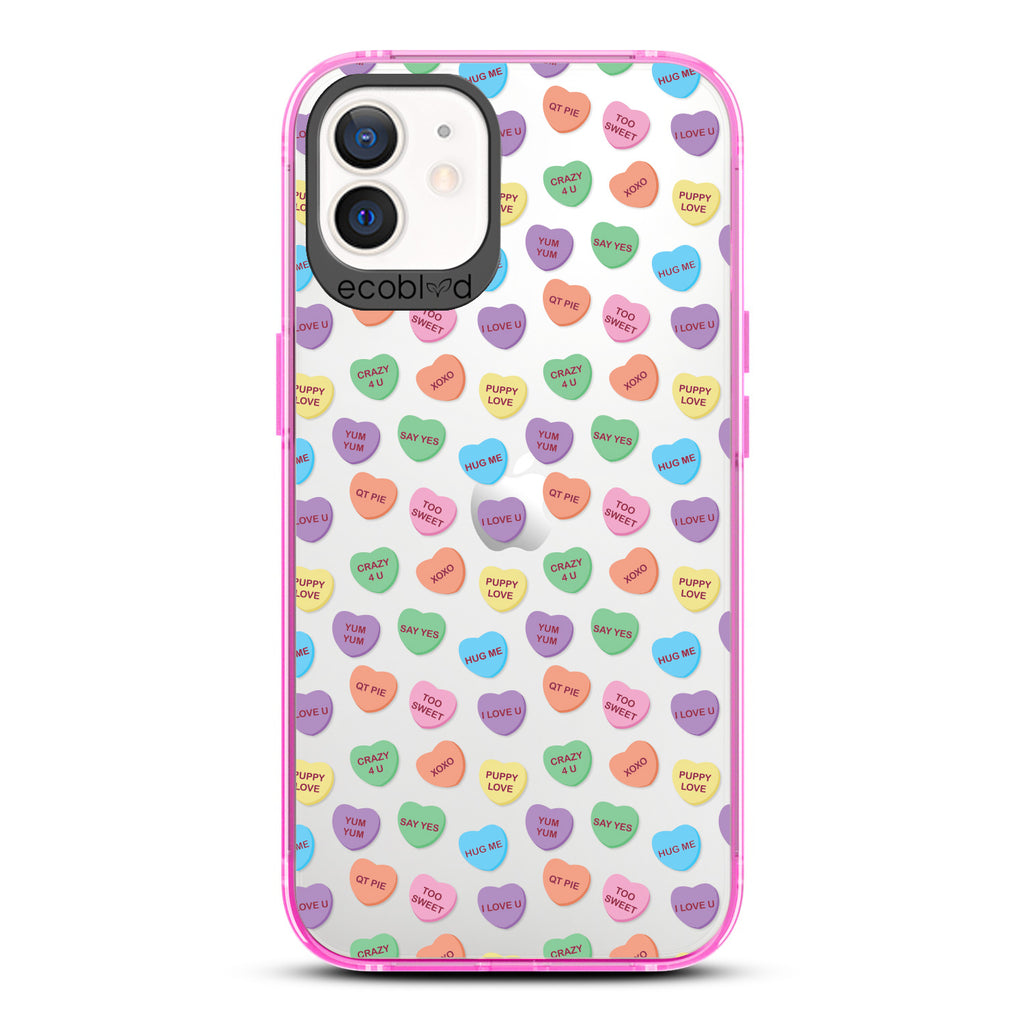 Love Collection - Pink Compostable iPhone 12 / 12 Pro Case - Pastel Colored Candy Hearts With Romantic Quotes On Clear Back