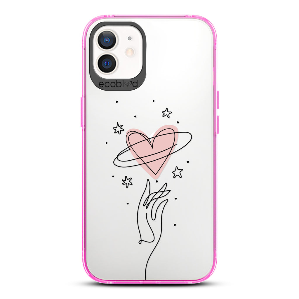 Be Still My Heart - Pink Compostable iPhone 12 / 12 Pro Case - Line Art Hand Reaching Out For Pink Heart, Stars On Clear Back