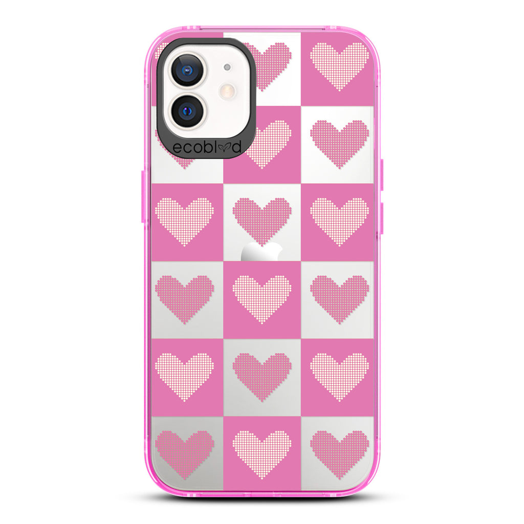 Love Collection - Pink Compostable iPhone 12/12 Pro Case - Pink Checkered Print With Knitted Hearts On A Clear Back