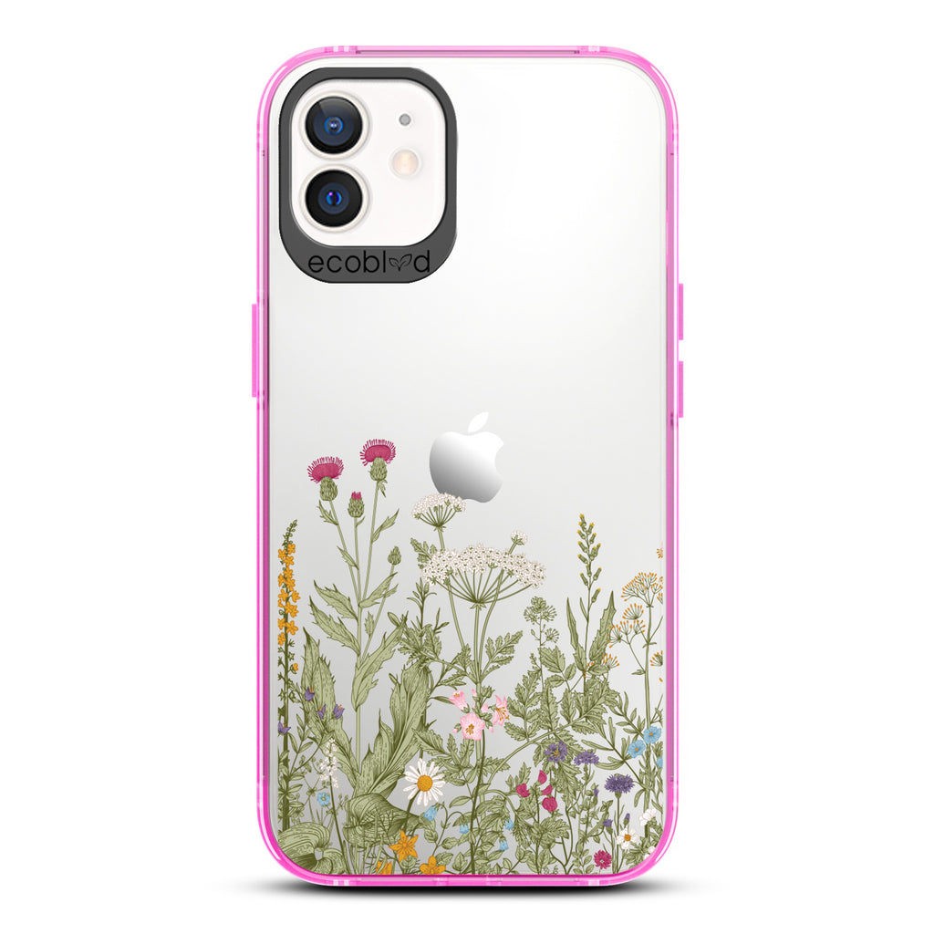 Spring Collection - Pink Compostable iPhone 12/12 Pro Case - Wild Herbs & Flowers Botanical Herbarium On A Clear Back